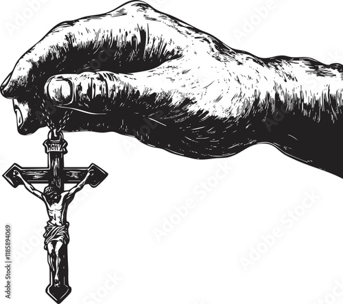 Illustration of a hand holding a crucifix in black and white.