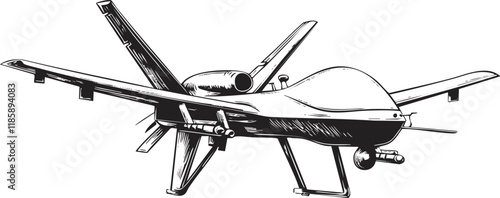 Black and white illustration of a modern unmanned drone aircraft.