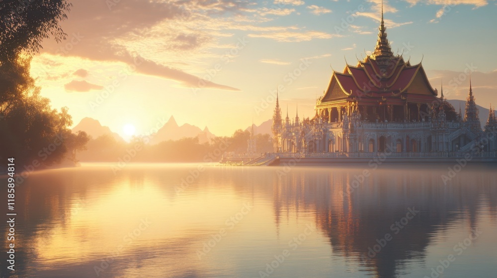 Serene Sunset over Thai Pavilion Reflected in Calm Water Serene Sunset over Thai Pavilion Reflected in Calm Water