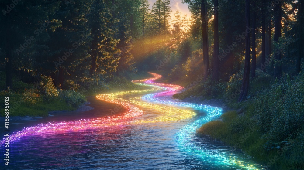 Fototapeta premium Magical Rainbow River in Enchanting Forest