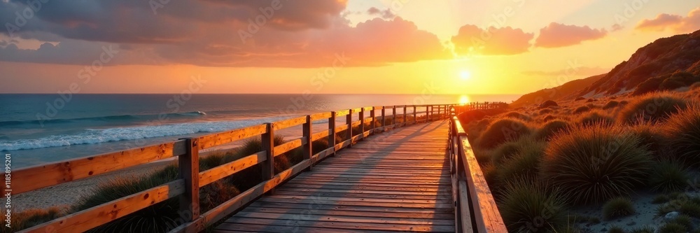 The wooden boardwalk is bathed in soft golden light as the sun rises over the sea, sunrise, beachy path, The wooden boardwalk is bathed in soft golden light as the sun rises over the sea, sunrise, beachy path,