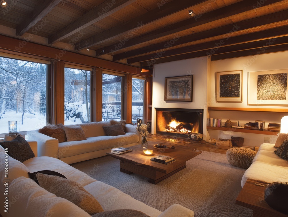 Fototapeta premium Cozy Living Room With Fireplace And Snowy View