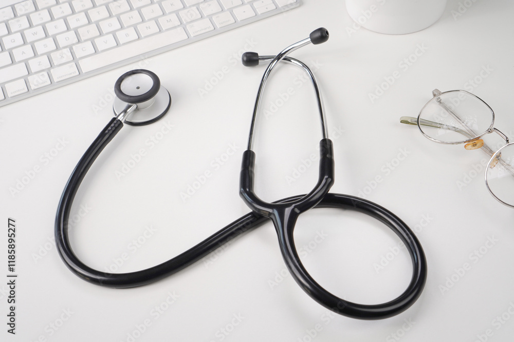stethoscope with keyboard, and glasses on white desk stethoscope with keyboard, and glasses on white desk