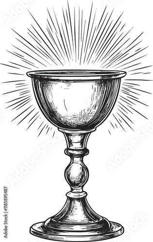 Vintage engraved illustration of an ornate chalice with radiant lines.