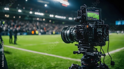Fototapeta Naklejka Na Ścianę i Meble -  Professional broadcast camera setup at a sports stadium, capturing the field in sharp focus with a blurred crowd in the background, highlighting technology, precision, and live event broadcasting