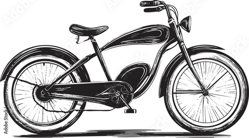 Vintage bicycle illustration in black and white with stylized design.