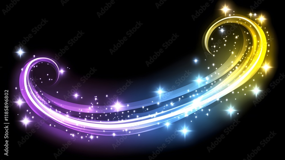 Fototapeta premium Magical Glowing Swirls Abstract Light Trails Neon Stars Background