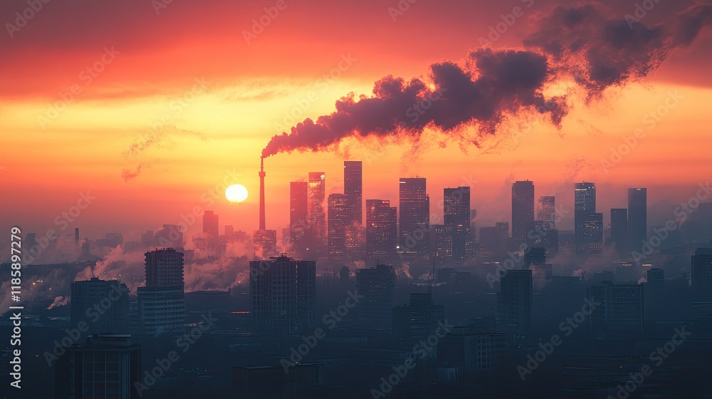 Fototapeta premium City Skyline with Air Pollution, Depicting Global Warming Issues