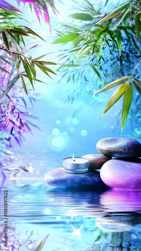Candle Creates Serenity on Stones with Bamboo Reflections Beautifully Candle Creates Serenity on Stones with Bamboo Reflections Beautifully