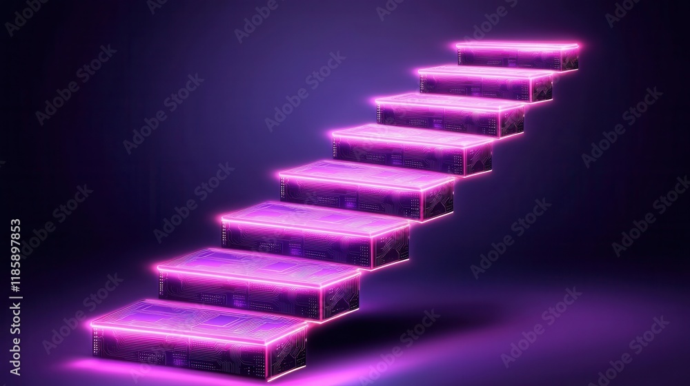 Obraz premium Futuristic Neon Circuit Board Steps Digital Ascent Technology Staircase Abstract Progress