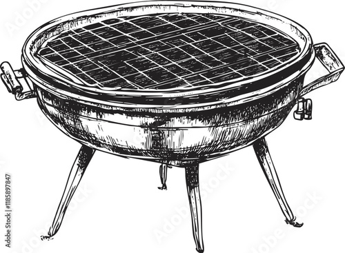 Illustration of a vintage charcoal grill with a kettle shape.