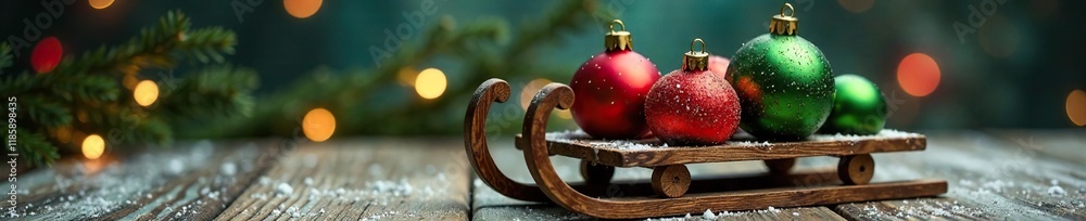 Wooden sled with red and green Christmas balls, seasonal color scheme, decorations Wooden sled with red and green Christmas balls, seasonal color scheme, decorations