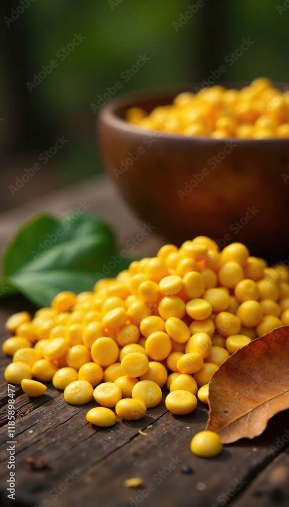 Wooden surface covered in yellow corn kernels and fallen leaves with a large wooden bowl in the background, forest floor, grainy texture Wooden surface covered in yellow corn kernels and fallen leaves with a large wooden bowl in the background, forest floor, grainy texture