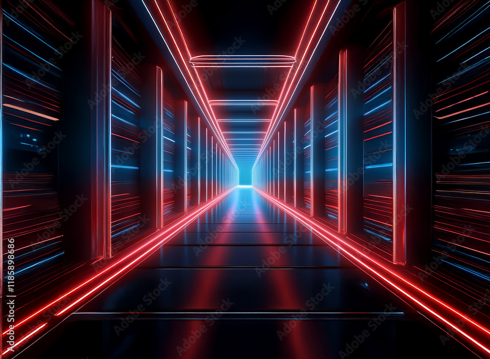 Fototapeta premium A futuristic corridor glows with vibrant red and blue neon lights. The sleek, metallic walls reflect the illumination, creating a sense of depth and endless possibility within this digital realm.