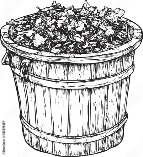 Vintage sketch of a wooden bucket filled with flowers.