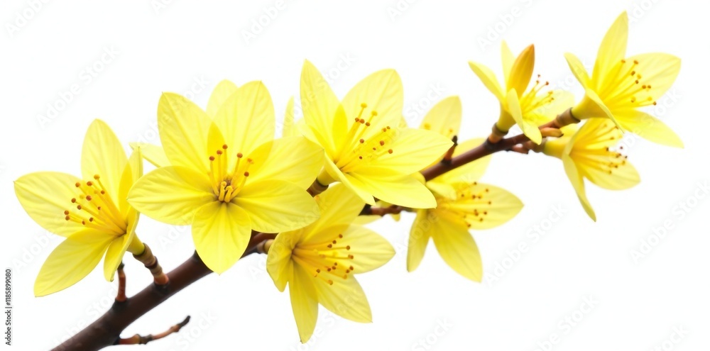 Obraz premium Yellow forsythia flowers isolated on white background, white, spring, yellow
