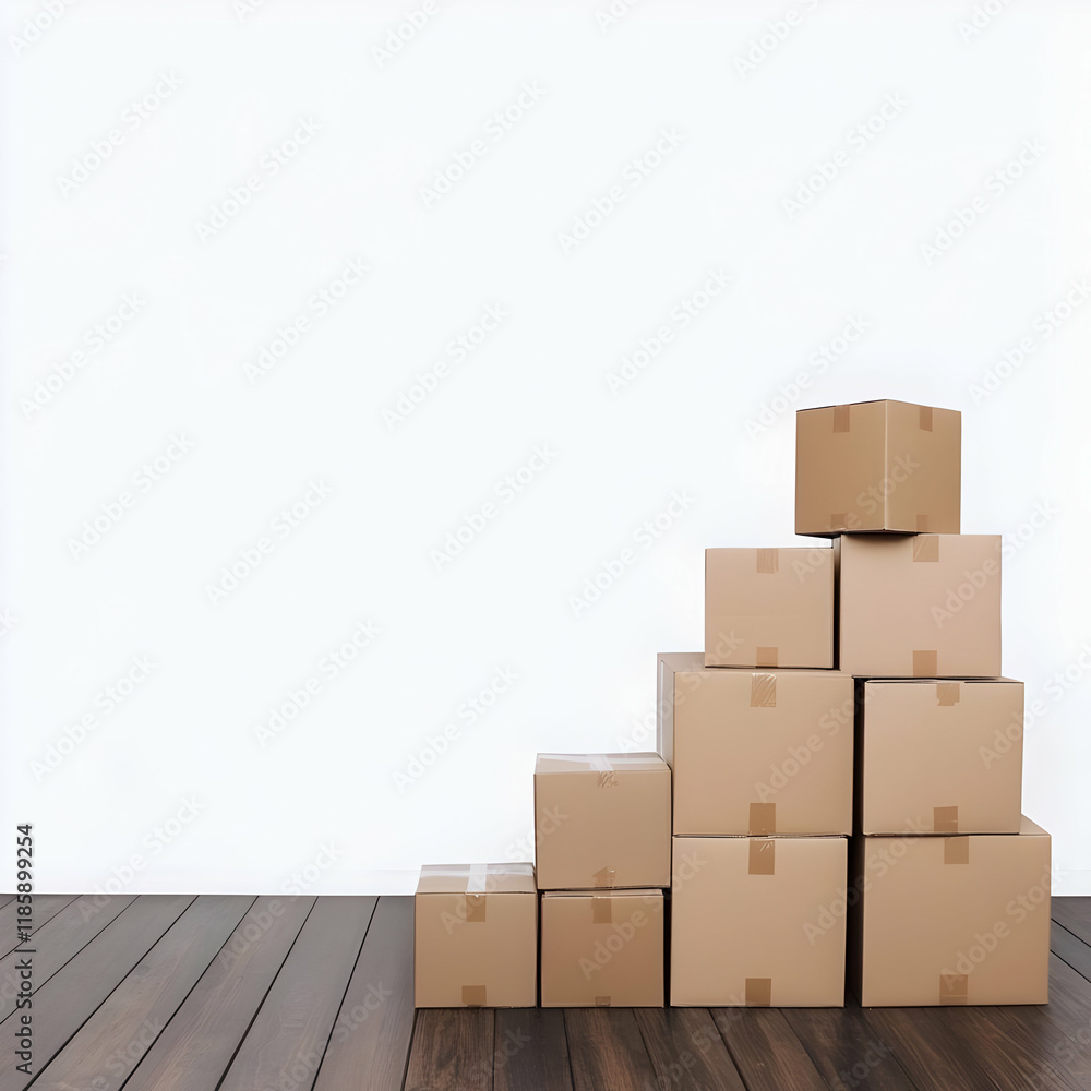 Cardboard Boxes Stacked Neatly on Wood Floor Against White Wall Cardboard Boxes Stacked Neatly on Wood Floor Against White Wall
