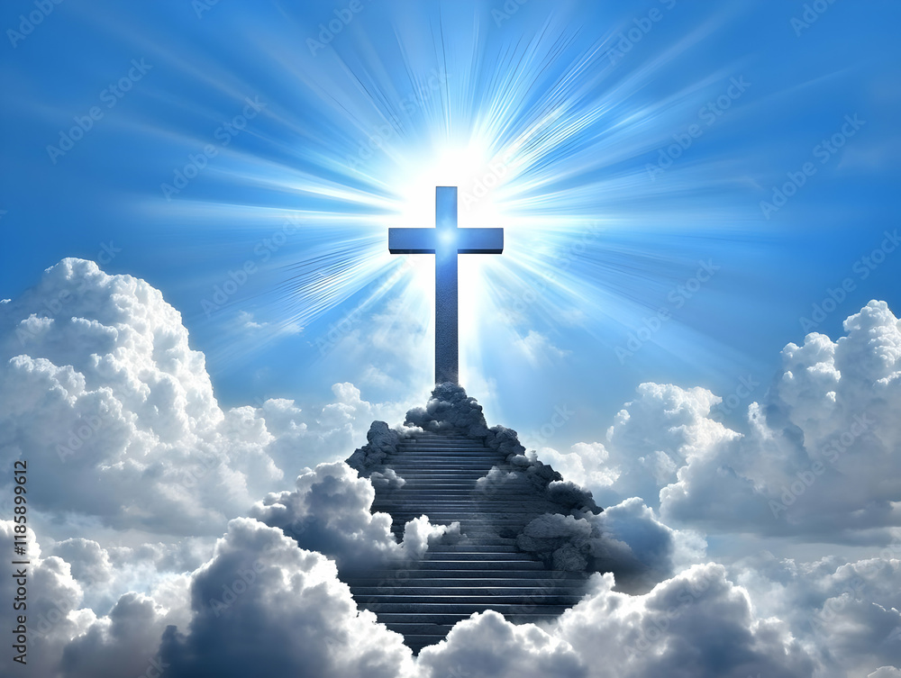 Stairway to Heaven Cross Leads Through Clouds in Blue Sky Stairway to Heaven Cross Leads Through Clouds in Blue Sky