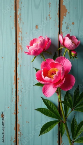 Wallpaper Mural Beautifully bloomed coral peony flowers on wooden wall, wooden wall, floral arrangement Torontodigital.ca