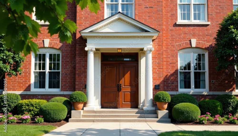 Obraz premium Brick facade with traditional school building entrance, exterior, school