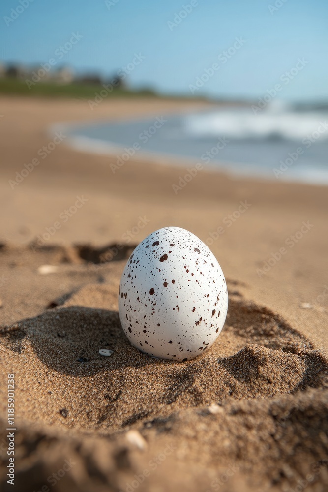 A speckled egg resting on sandy beach with ocean waves in the background. A speckled egg resting on sandy beach with ocean waves in the background.