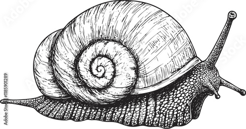 Black and white illustration of a snail with detailed shell and body.