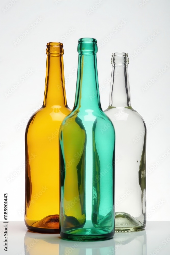 Clear glass bottles arranged in a vase on a white background, clear glass bottles, table centerpiece Clear glass bottles arranged in a vase on a white background, clear glass bottles, table centerpiece