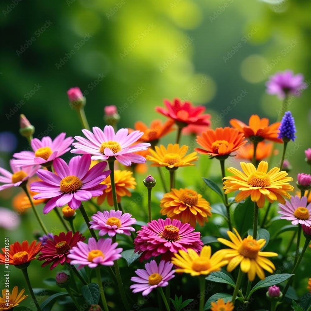 A colorful mix of flowers blooming in a garden, green background, garden, blooms A colorful mix of flowers blooming in a garden, green background, garden, blooms
