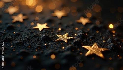 Close-up of golden circle stars on black background with intricate patterns and shapes, high end, metallic