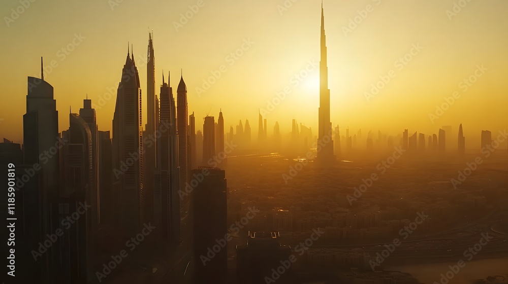 Towering skyscrapers in a financial district illuminated by warm sunset light, featuring a minimalistic composition and shallow depth of field, highlighting urban modernity, elegance