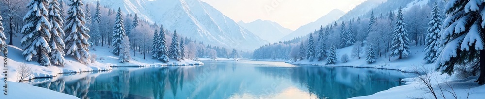 Fototapeta premium A frozen lake in the heart of the snowy forest, frosty mountains, snow-covered landscape, winter wonderland