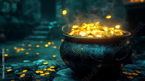 Ancient cauldron filled with glowing gold coins in a dimly lit environment
