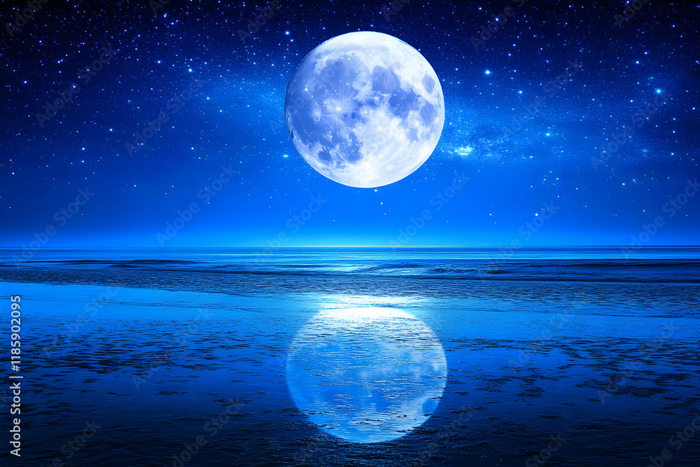 Obraz premium Moon Reflects on Calm Ocean at Night with Stars