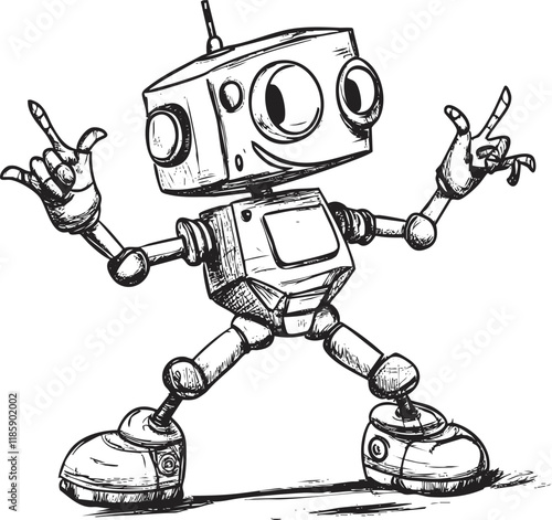 Playful robot cartoon sketch with a cheerful pose and design.