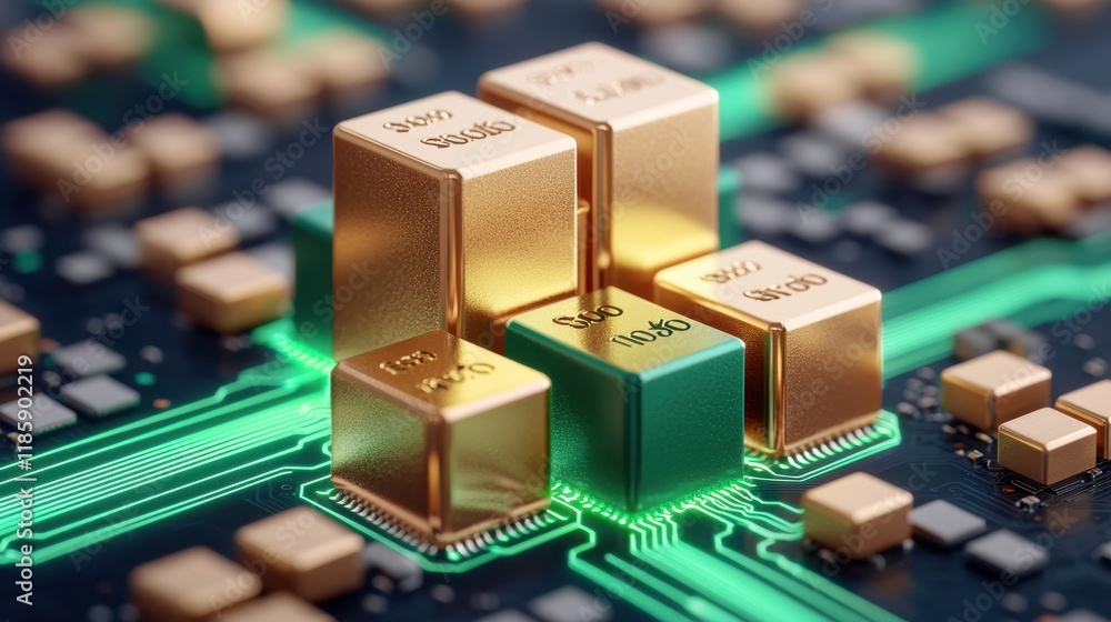 Abstract Gold and Green Circuit Board with Data Cubes Showing Growth and Technology Advancement