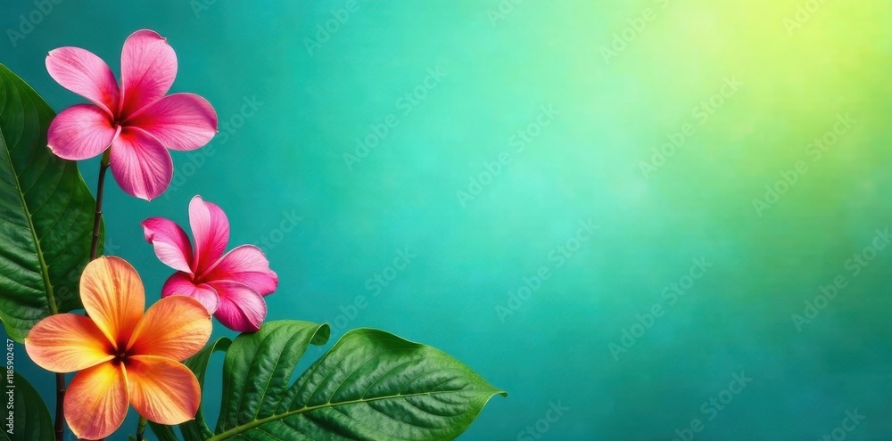 Obraz premium Colorful tropical flowers on a gradient blue and green background in shades of turquoise and lime , flowers, garden
