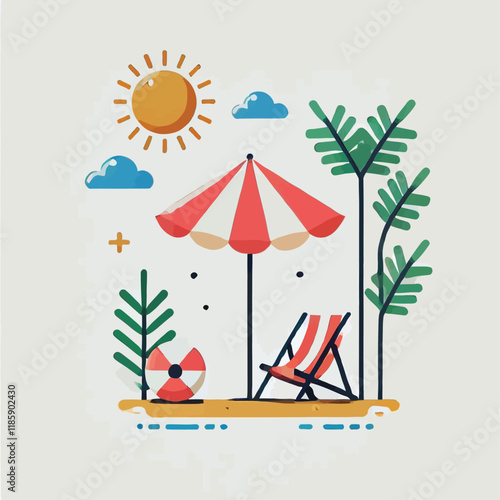 A flat vector illustration representing summer travel, beach. Flat Vector Style, Simple Design, White Background.