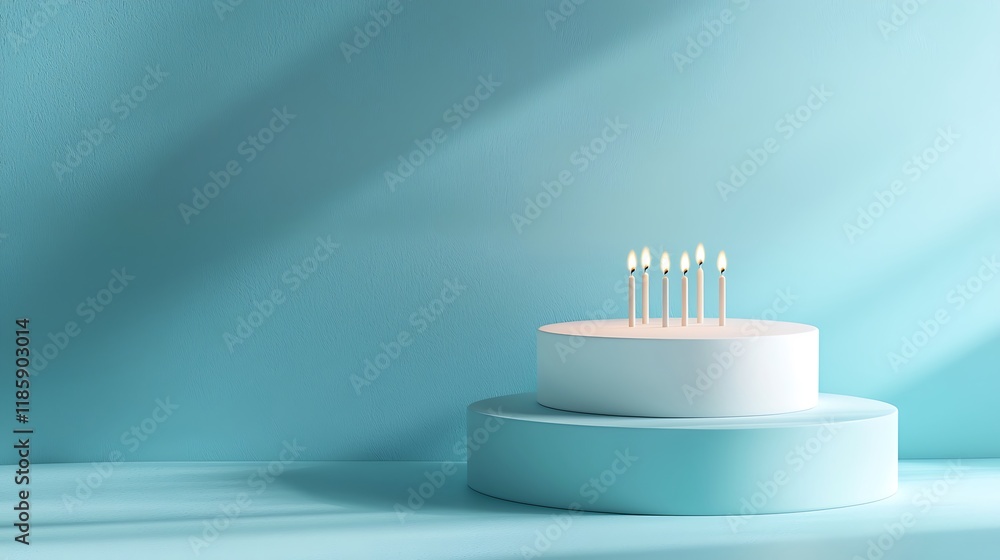 Birthday cake with five candles on pastel blue background Birthday cake with five candles on pastel blue background