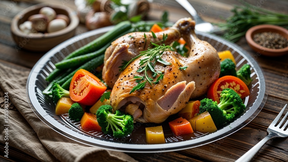 Delicious grilled chicken, duck, and other meat dishes with fresh vegetables make a healthy and gourmet meal Delicious grilled chicken, duck, and other meat dishes with fresh vegetables make a healthy and gourmet meal