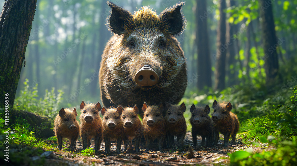 A wild boar mother and a group of her babies standing in the forest and looking at the camera A wild boar mother and a group of her babies standing in the forest and looking at the camera