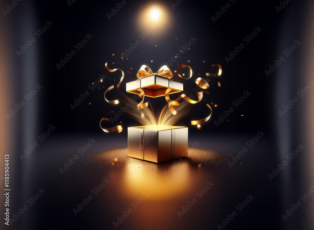 A golden gift box dramatically opens, revealing a radiant light and swirling ribbons in a dark setting. The scene is magical and celebratory. A golden gift box dramatically opens, revealing a radiant light and swirling ribbons in a dark setting. The scene is magical and celebratory.