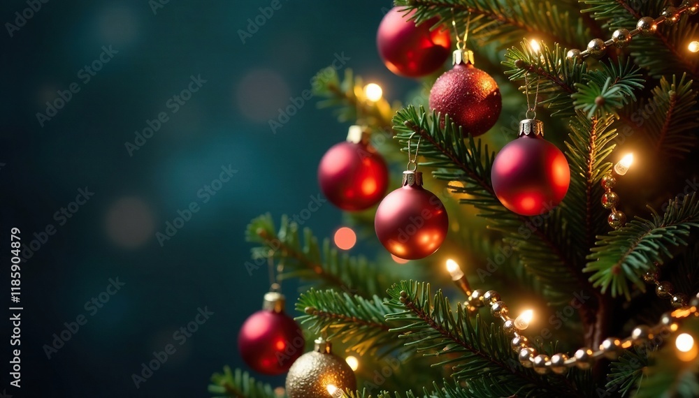 Naklejka premium Christmas tree decorated with ornaments and lights, decorations, christmas tree