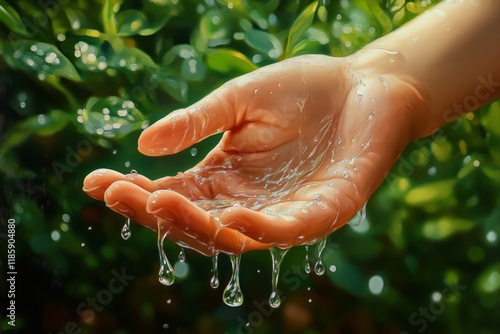 a young woman's hand, water slide off her fingers, flowing gently down her skin and dripping from the tips of her finger photo