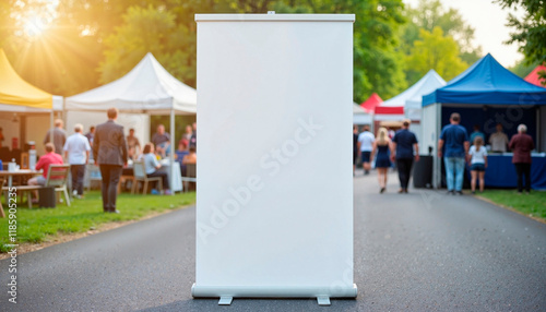 Blank pull-up banner at outdoor trade fair, showcasing versatility photo