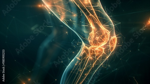 A glowing human knee joint, outlined in digital light, isolated against a dark backdrop.