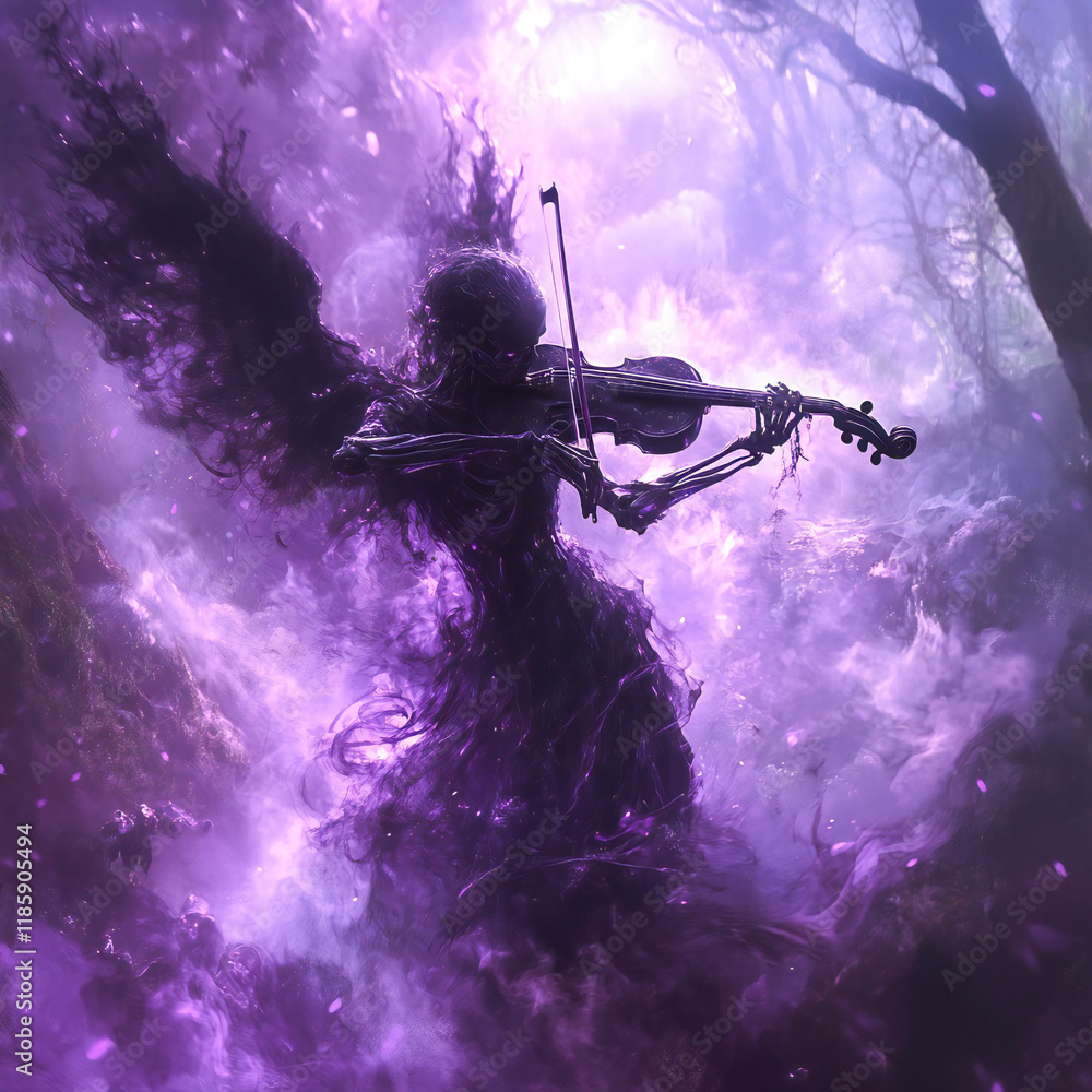 A skeletal angel with black wings plays a violin in a dark forest, surrounded by purple smoke A skeletal angel with black wings plays a violin in a dark forest, surrounded by purple smoke