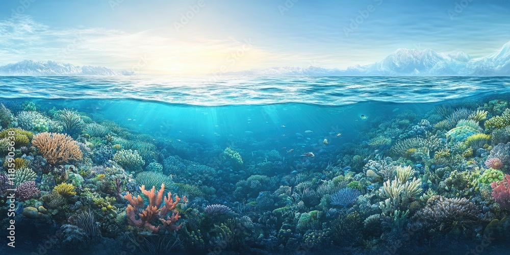 Obraz premium Vibrant Coral Reef Ecosystem Underneath Snowy Mountains