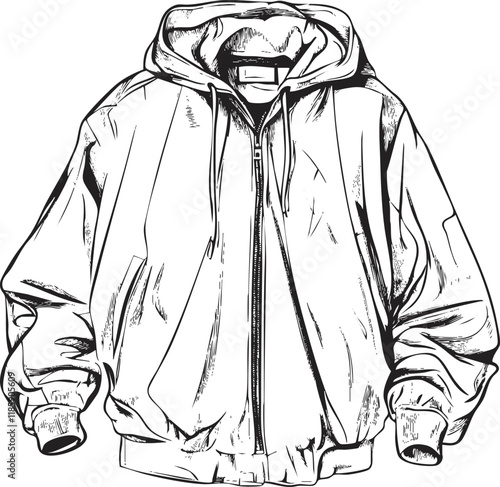 Black and white sketch of a hooded jacket with zipper and drawstrings.