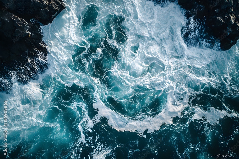 Aerial view of swirling ocean waves crashing against dark rocks, background texture, nature wallpaper Aerial view of swirling ocean waves crashing against dark rocks, background texture, nature wallpaper