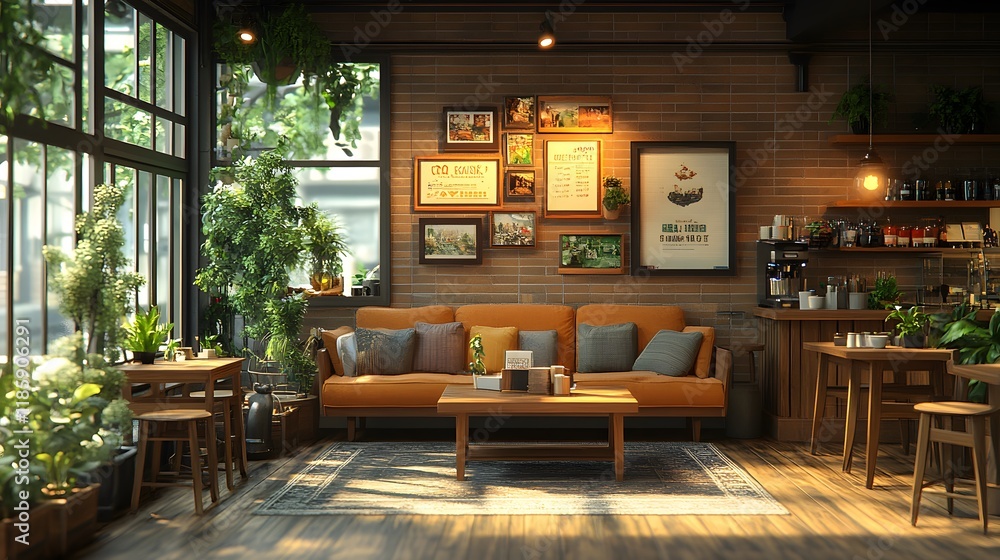 Cozy isometric 3D loft-style cafe featuring rustic materials and soft lighting Cozy isometric 3D loft-style cafe featuring rustic materials and soft lighting